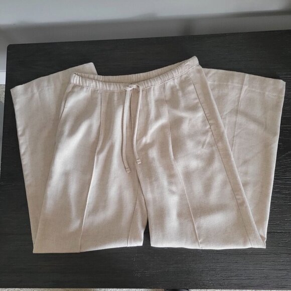 BR Elastic Waist Beige Linen-Blend Trousers W Drawstring & Pleated Front -S - Picture 2 of 9
